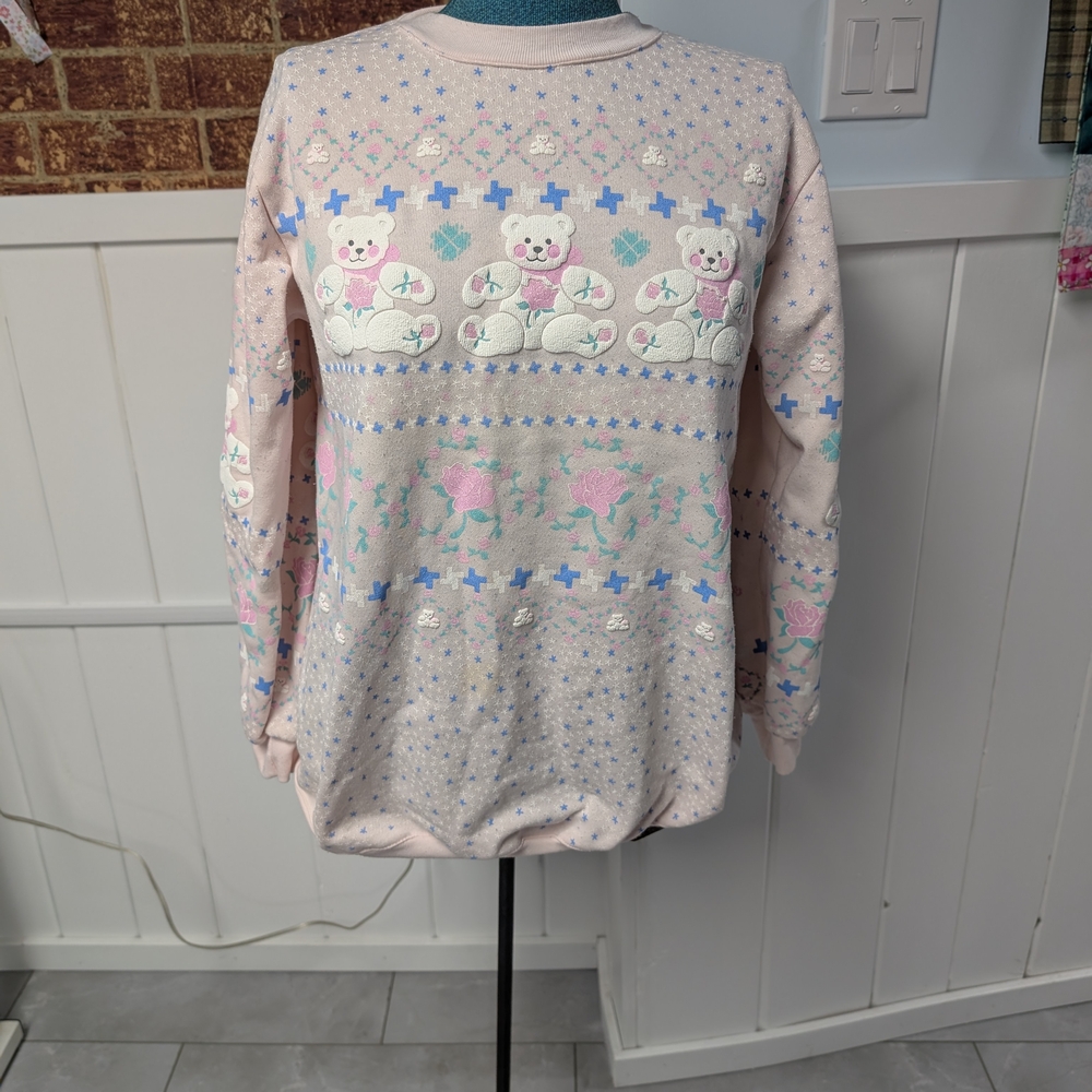 VTG 80’s Spumoni Teddy Bear with Roses All Over Puff Print Sweatshirt M